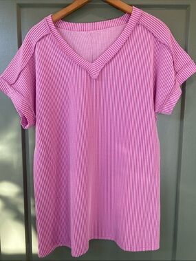 Marketplace Pink Ribbed V-Neck Short Sleeve Basic T-shirt